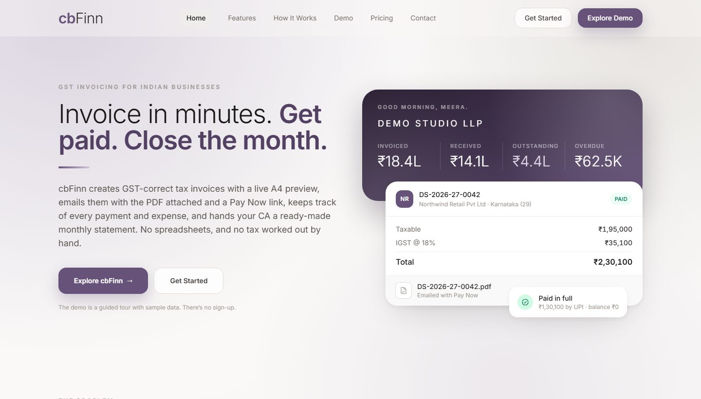 cbFinn homepage: a dashboard and an invoice for ₹2,30,100, emailed with a Pay Now link and paid in full