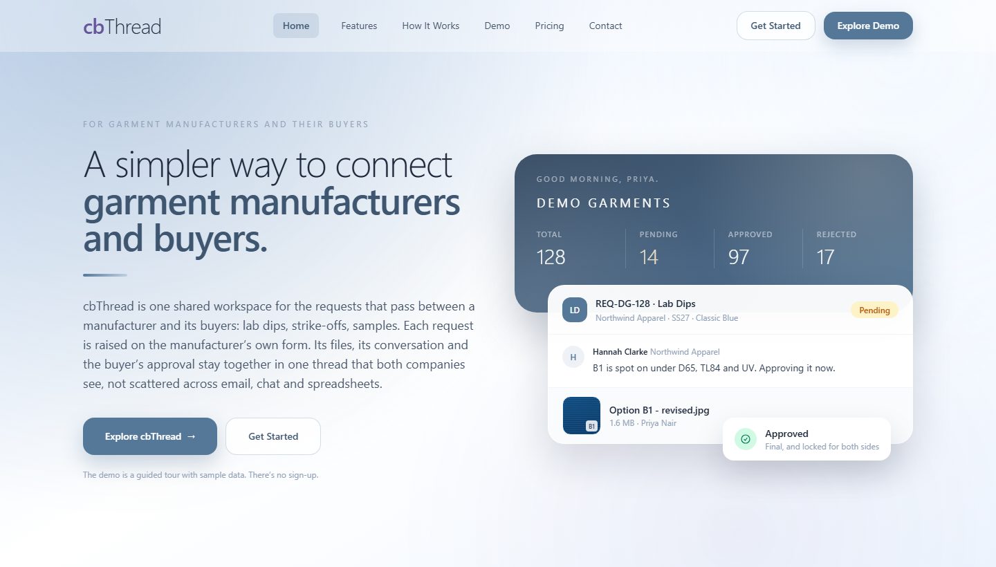 cbThread homepage: a lab dip request, REQ-DG-128, approved and locked for both sides