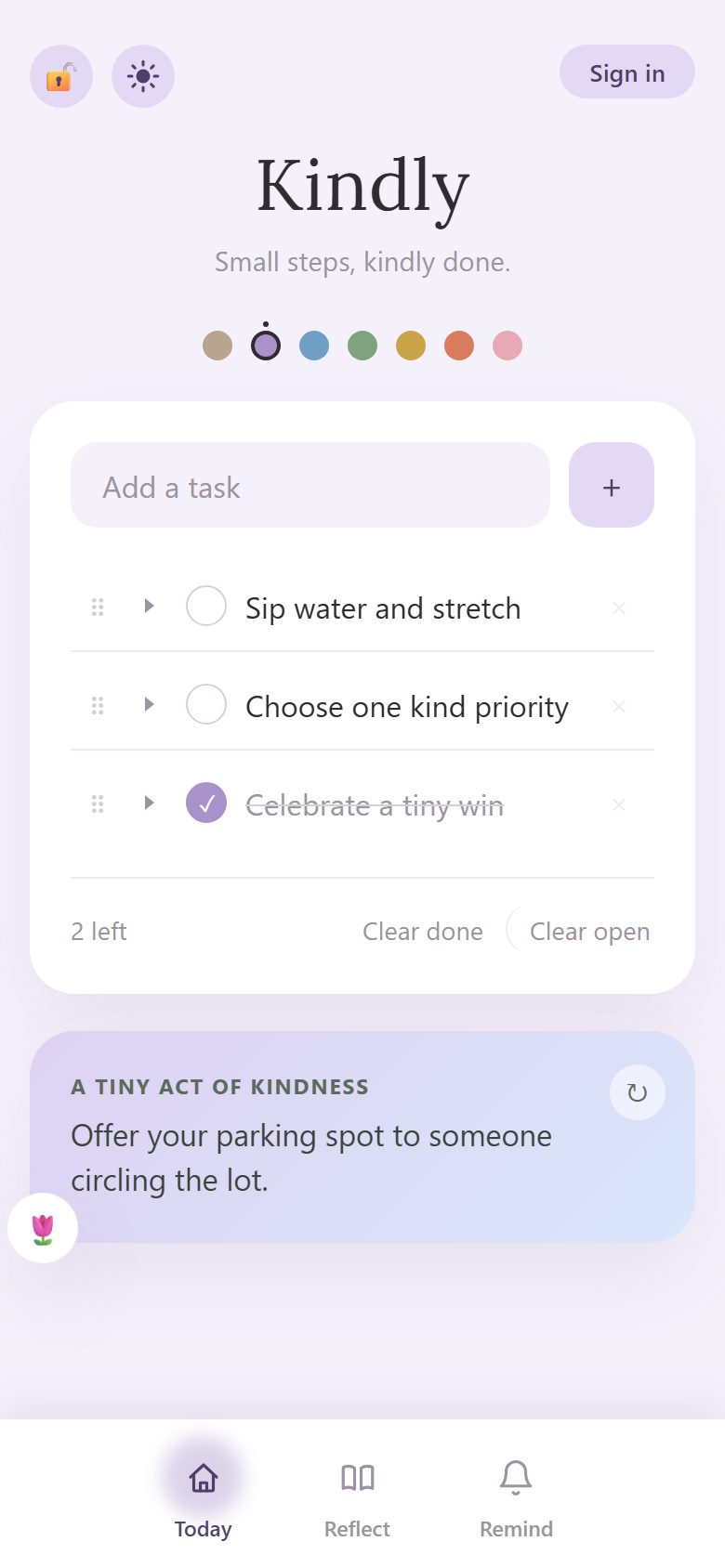Kindly's Today screen: three tasks, Monday's lavender palette and a tiny act of kindness